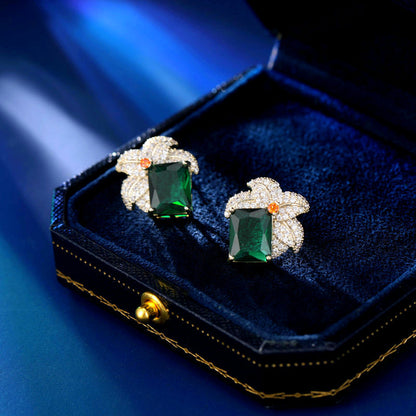2025 Light luxury high-end earrings women's s925 silver needle temperament elegant fashion micro-inlaid zircon niche leaf square stud earrings