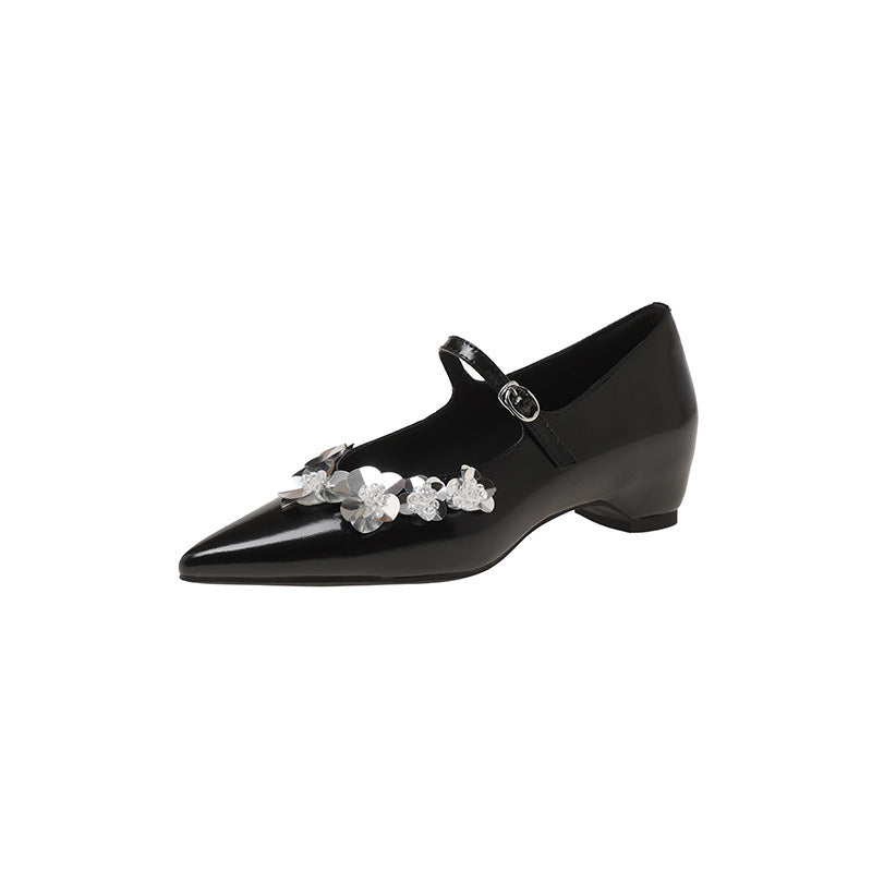 2025 Sheepskin version~ Spring new temperament pointed sequins flower word with single shoes Spring new gentle lady shoes