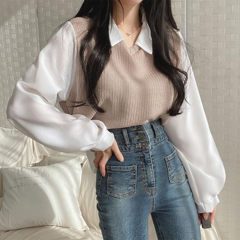 jinran outfit Fake Two-Piece T-shirt for Women 2024 New Stitching Polo Collar Long-Sleeved Sweater Chubby Girl Loose Contrast Color All-Match Top Fashion