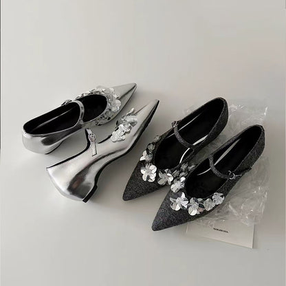 2025 Sheepskin version~ Japanese pointed flower flat shoes sequins 25 new cold smoke one-word buckle Mary Jane ladyshoes