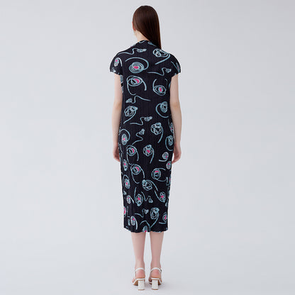 2025 summer new Miyake circle printing temperament high-waisted dress slim-fitting pleated semi-turtleneck A-shaped skirt
