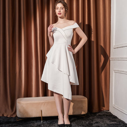 2025 Evening dress female small one-word shoulder medium and long thin company annual meeting host irregular hem dress