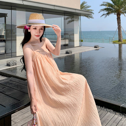 2025 Gentle and lazy sea breeze, thin shoulder straps, elegant and white, Popular style vacation style, loose texture, suspender, long dress woman