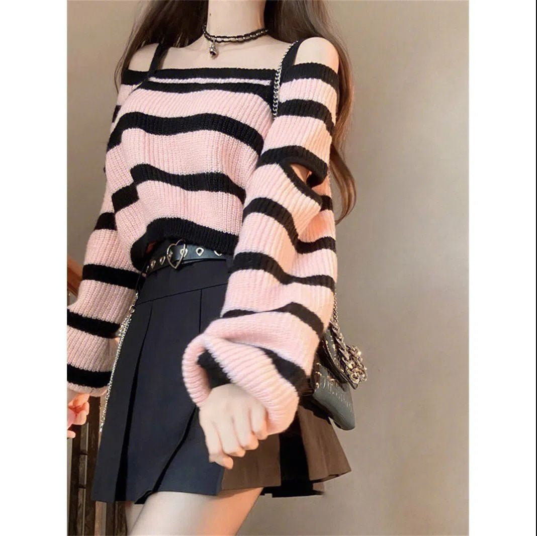 jinran outfit  New Style Fried Street Beautiful Sweater Women's Niche Design Contrast Color Striped Knitted Top