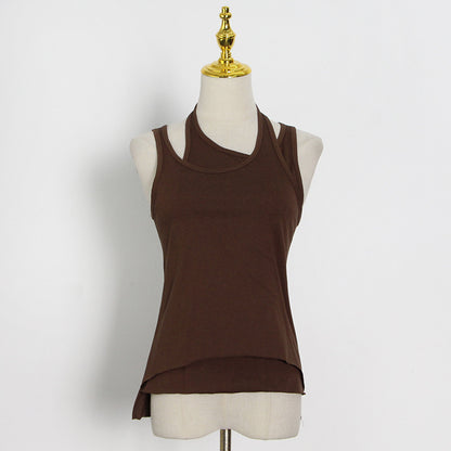 2025 new commuter trend irregular fake two-piece sling vest women's round neck inner top T-shirt women's trend