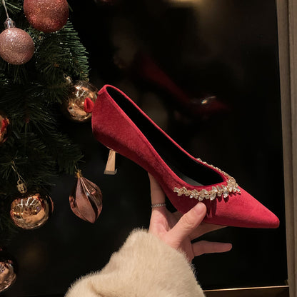 2025 Sheepskin version~ New  sparkling rhinestone silk temperament small pointed tip thin heel shallow mouth wedding shoes high heels women's shoes