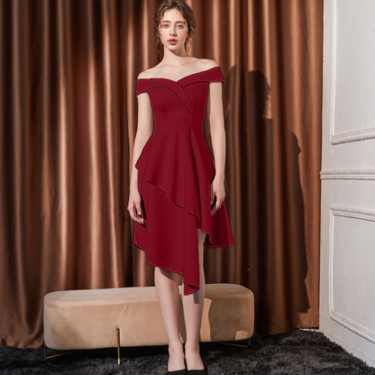 2025 Evening dress female small one-word shoulder medium and long thin company annual meeting host irregular hem dress