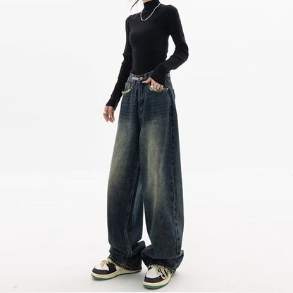 jinran 2000s fashion Harajuku Fashion High Waist Women's Spring and Autumn New All-Match Zipper Light Color Washed Trendy Jeans Simple Straight Pants