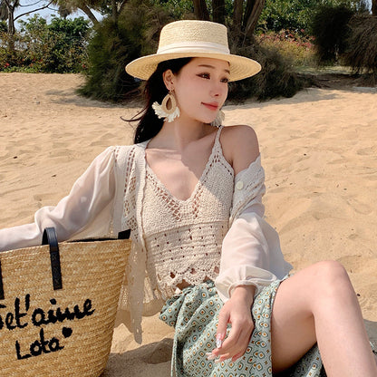2025 Small suspender vest for women's summer wear Bohemian seaside beach vacation top knitted loose and sexy inside