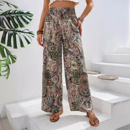 2025 Tiktoktemu  women's clothing  summer new fashionable versatile printed elastic waist wide-leg pants