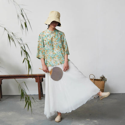2025 Mountain is free, new products in spring and summer, temperament retro collar diagonal placket buckle ramie color top 80413 casual and versatile