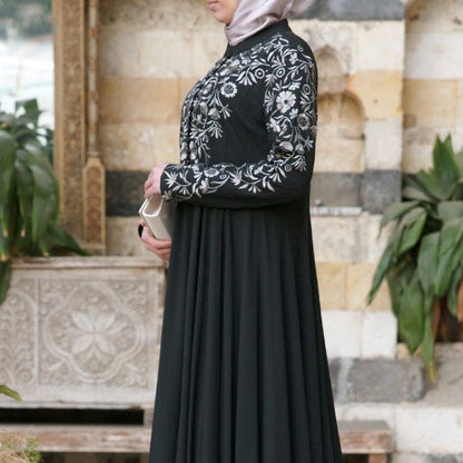new New   dress ethnic style women's clothing long-sleeved printed stand-up collar big swing dress