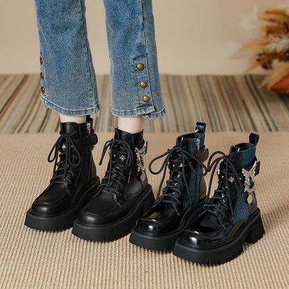 jinran shoes 2024 Autumn New Liquid Butterfly Martin Boots Thick Bottom Casual Lightweight Denim Knight Boots Women's Short Boots Women's Chunky Heel
