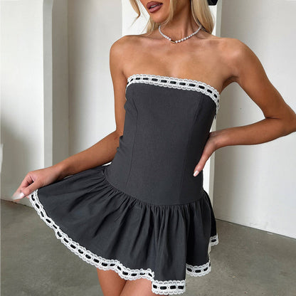 2025 Cross-border sexy lace splicing tube top dress women's pure desire spring fashion waist dress high sense
