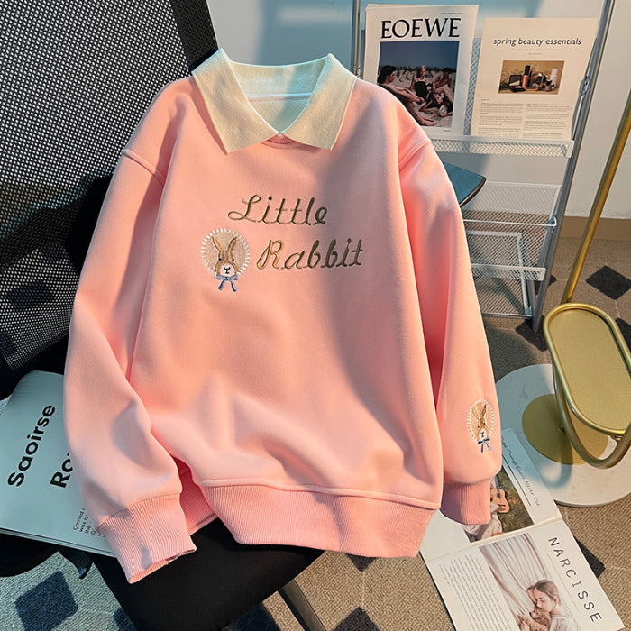 jinran clothes Internet Celebrity Girls' Korean-Style Loose Lapel Long-Sleeved Top for Middle and Big Children Spring and Autumn New Fashionable Fashionable Sweater with Letters