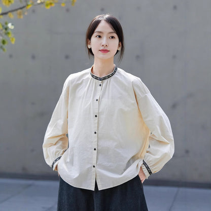 2025 Pistachio white shirt spring women's stand-up collar retro versatile embroidered long-sleeved women's shirt loose and casual inside B1036