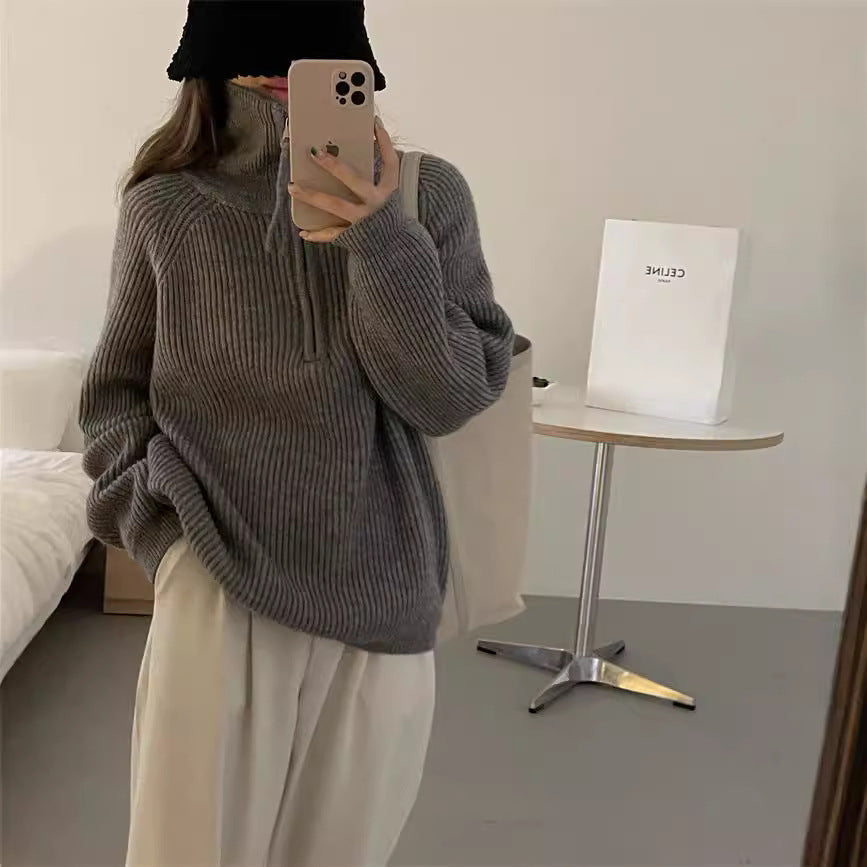 jinran mens fashion Korean Style Half Zipper Sweater Women's Autumn and Winter New Style Pit Design Sense Stand Collar Soft Glutinous Loose Outer Wear Sweater Top