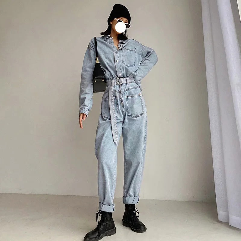 jinran black men fashion urban Casual Jumpsuit Women's Ins Style Fashion Spring Women's Long-Sleeved One-Piece Jeans New