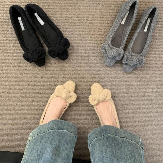 2025 gentle fairy wind popular autumn and winter new plush shoes women wear bows square head single shoes evening