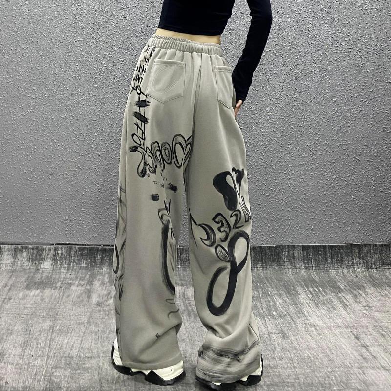 jinran outfits Printing Loose All-Match Sports Casual Pants for Women Spring New Western Style High Waist Slimming Straight Wide Leg Pants