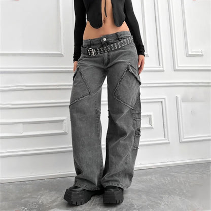 2025 n street style retro multi-pocket design jeans women's spring new Spice Girls old straight pants Popular trade