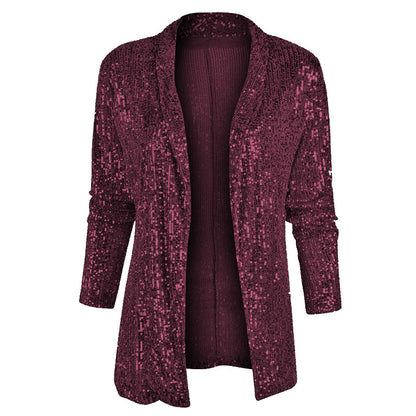 2025 spring New new 2025  sequined long-sleeved temperament medium and long small suit lapel coat