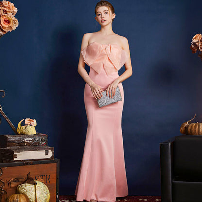2025 Evening dress female sexy slim banquet host model evening temperament thin tube top long fishtail dress