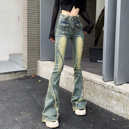 jinran concert outfit ideas American-Style Retro Frayed Lace-up Micro-Pull Denim Trousers Women's New Hot Girl High Waist Stretch Flared Pants