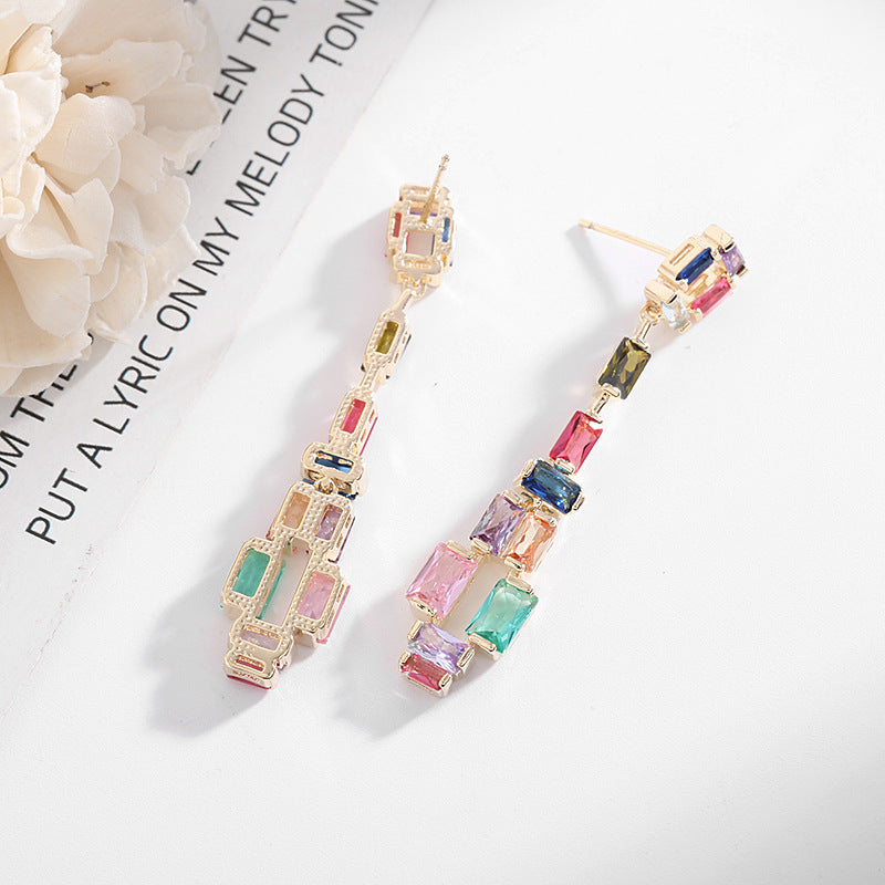 2025 Korean design sense contrasting gemstone crystal long S925 silver needle earrings women's micro-inlaid colored zircon geometric earrings