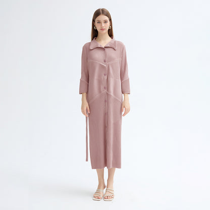 2025 spring new single-breasted long-sleeved lace-up dress medium and long Korean version simple loose pleated A-shaped skirt