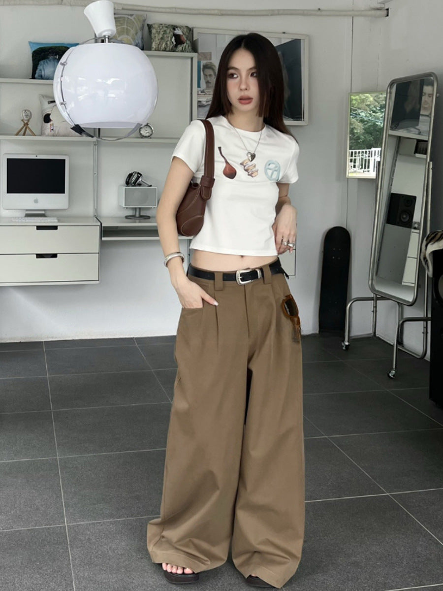 jinran summer outfits inspo Retro High Street Suit Pants Loose Wide Leg Lazy Straight Casual Pants K335