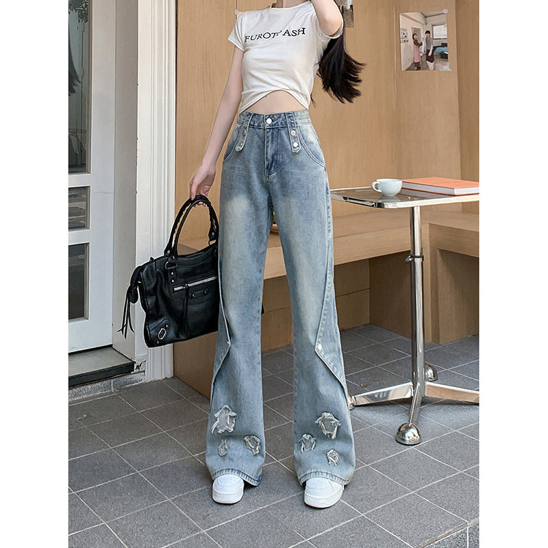 jinran y2k 2024 Retro Star Patch Jeans Women's High Waist Design Sense Niche Slimming Straight Skinny Pants