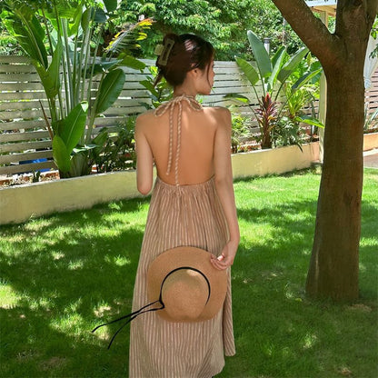 2025 neck dress women's summer new high-end cotton and linen stripes loose and thin backless long skirt