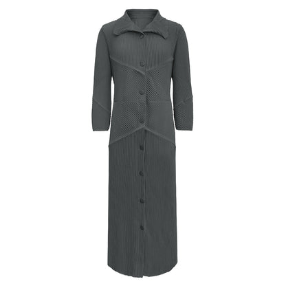 2025 spring new single-breasted long-sleeved lace-up dress medium and long Korean version simple loose pleated A-shaped skirt