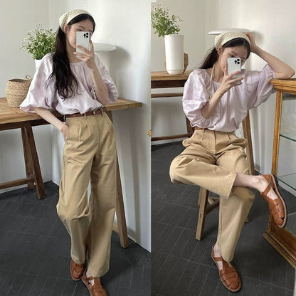 jinran non binary outfits French Retro Khaki Straight Suit Pants Women's Spring and Summer High Waist Korean Style Slimming Cover Casual Cotton Long Pants