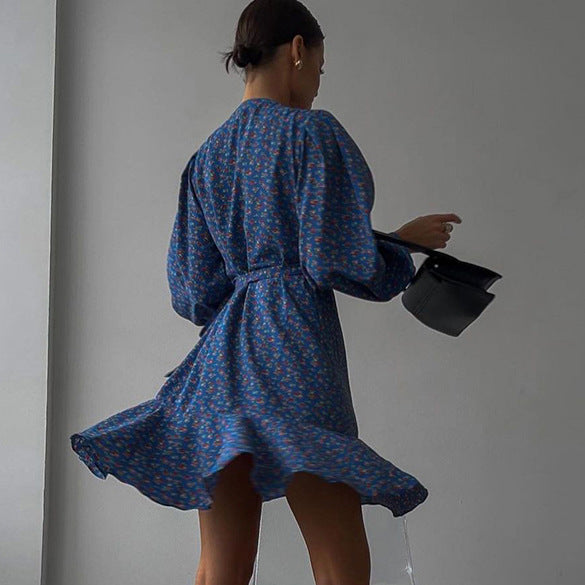 2025 Sexy V-neck bubble sleeve ruffle edge printed strap dress popular  new spring fashion Popular trade women