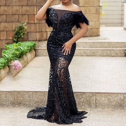 2025 new New 2025 women's clothing  dress one-word shoulder sequins slim-fitting buttocks mermaid evening dress
