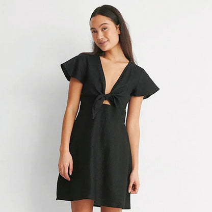 2025 summer new Feifei sleeve cotton and linen commuter dress bow V-neck hollow slim-fitting waist A-shaped skirt women
