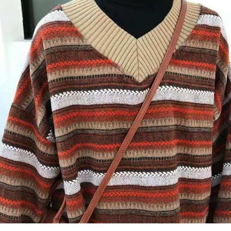 jinran sweater Female Student Korean Style Autumn and Winter New Striped Contrast Color V-neck Lazy Style Pullover Loose High-End Sweater Female