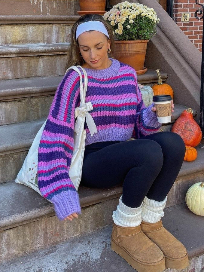 jinran outfit Autumn and Winter New Striped Sweater Sweater round Neck Long Sleeve Loose Casual Pullover Sweater Top