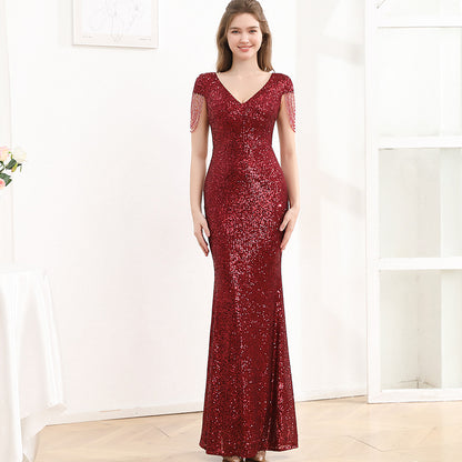 2025 Evening dress dress female black dignified atmosphere host high-end banquet wear sequins thin long fishtail dress