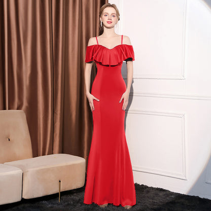 2025 Evening dress women's light luxury high sense one word shoulder slim and thin temperament celebrity banquet long fishtail dress