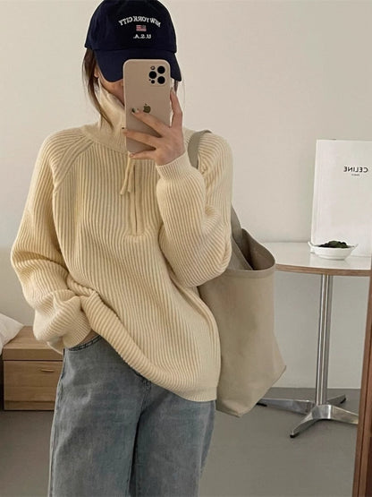 jinran mens fashion Korean Style Half Zipper Sweater Women's Autumn and Winter New Style Pit Design Sense Stand Collar Soft Glutinous Loose Outer Wear Sweater Top