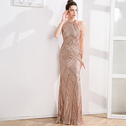 2025 High-end evening dress dress female fishtail champagne high-end texture celebrity fairy banquet temperament light luxury niche host