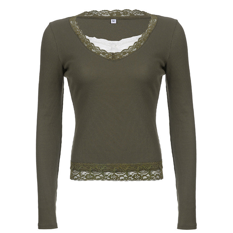 jinran grunge outfits Women's Spring New Gray Green V-neck Tight Waist Lace Knitted Top EBay