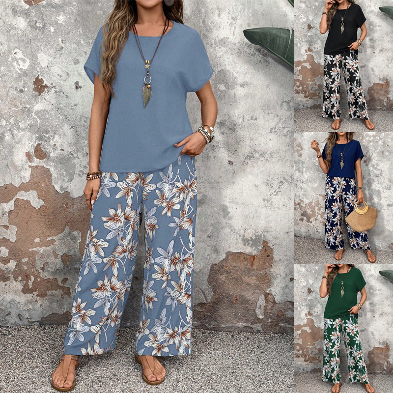 2025 In the summer of , the new two-piece set for women's  trends are versatile, loose pullover printing round neck casual suit for women