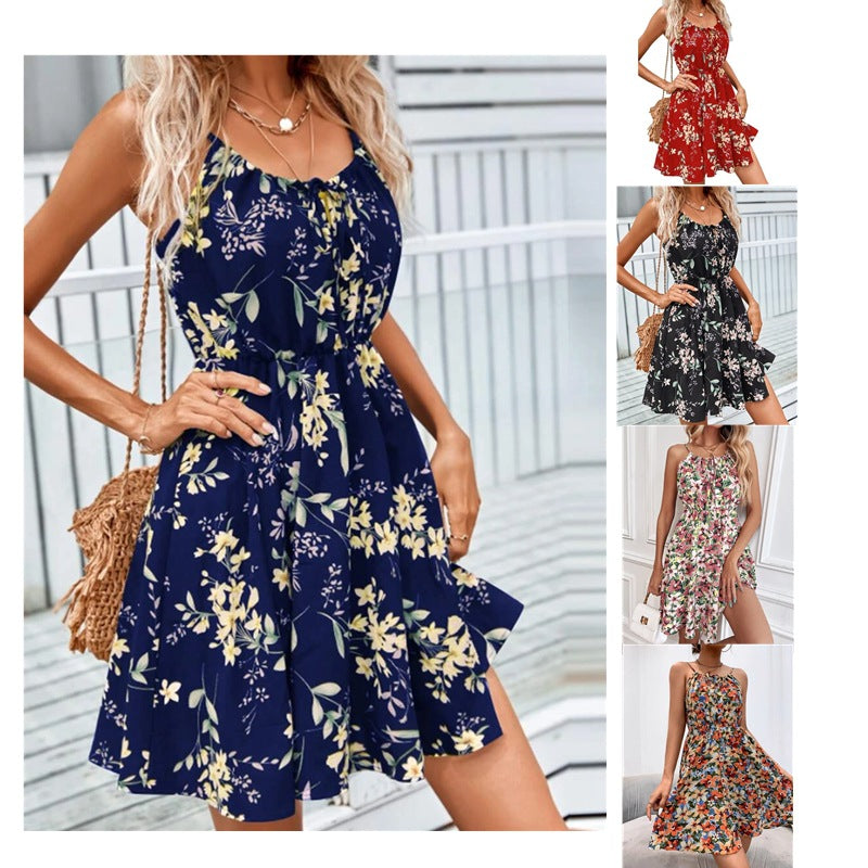 2025 Popular, ,  summer new elegant sleeveless dress pullover printing elastic waist suspender short skirt women