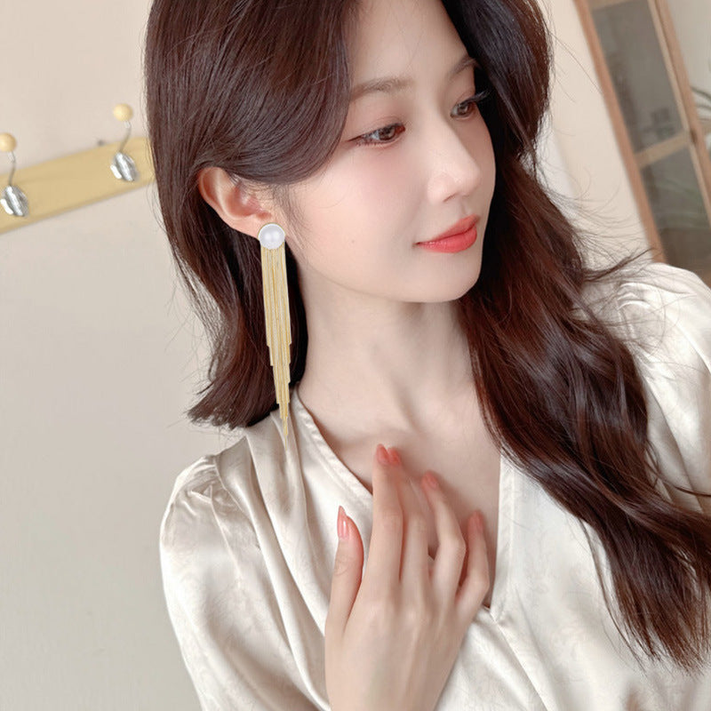 2025 欧美气质长款流苏珍珠耳环女s925银针小众设计感优雅百搭时尚耳饰