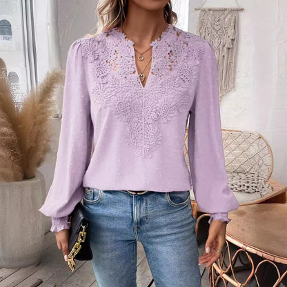 2025 Popular, ,  New autumn and winter new fashion V-neck lace solid color long-sleeved casual T women's top