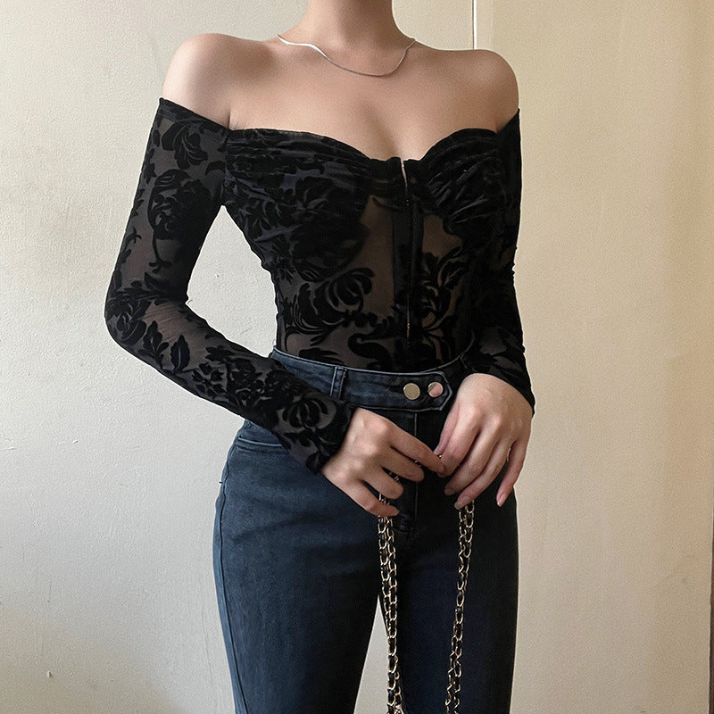 jinran barn jacket outfits Summer New Lace Printed Slim-Fit Jumpsuit Style Flocking off-Shoulder Long-Sleeved Top for Women